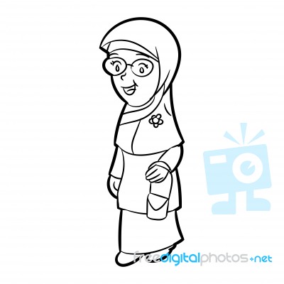 Line Drawing Of Adult Malay Woman Cartoon -character  Stock Image