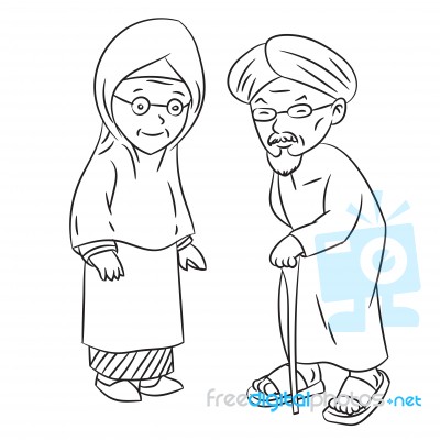 Line Drawing Of Elderly Malay Cartoon -character  Stock Image
