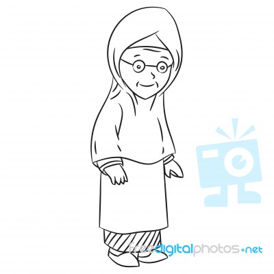 Line Drawing Of Malay Grandmother Cartoon -character  Stock Image