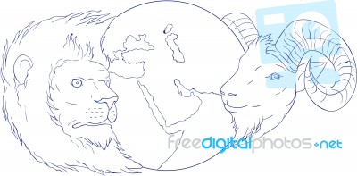 Lion Ram Globe Middle East Drawing Stock Image