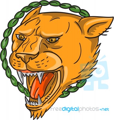 Lioness Growling Ring Leaves Tattoo Stock Image
