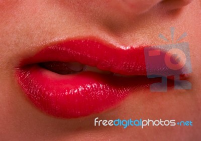 Lips Showing Nervous Woman Stock Photo