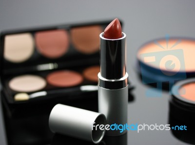 Lipstick With Other Cosmetics Stock Photo