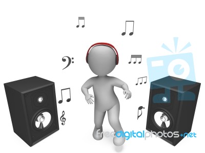 Listening Music Character Shows Headset Speakers And Songs Stock Image