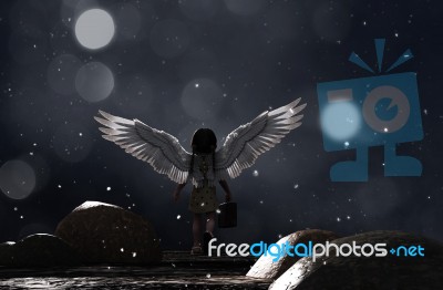 Little Angel's Adventure In Starry Night,3d Illustration Stock Image