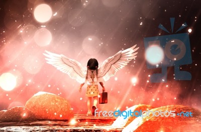 Little Angel's Adventure In Starry Night,3d Illustration Stock Image