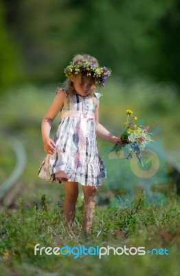 Little Girl Picking Wild Flowers By A Railroad Stock Photo