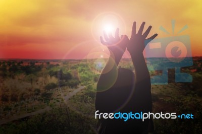 Little Girl Sillhouette Or Black Shadow Made Hand To Bird On Col… Stock Photo