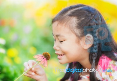 Little Girl With Long Dark Hair Sitting On Poppy Field Stock Photo