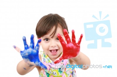 Little Girl With Painted Hands Stock Photo