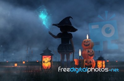 Little Witch's Spelling Magic In Halloween Night,3d Rendering Stock Image