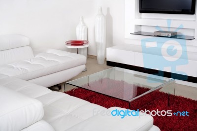 Living Space With White Leather Couch Stock Photo