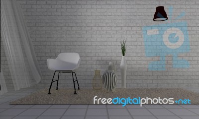 Loft And Simple Living Room With Chair And Wall Background-3d Re… Stock Image