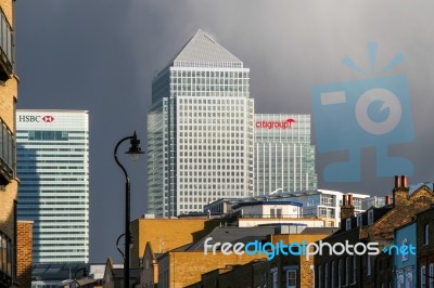 London - February 12 : Canary Wharf And Other Buildings In Dockl… Stock Photo