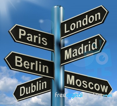 London Paris Madrid Berlin Signpost Stock Image