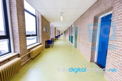 Long Empty Corridor In High School Building Stock Photo