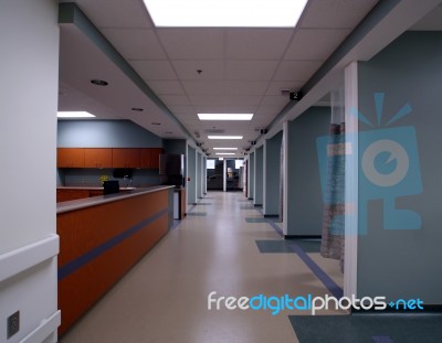 Long Hospital Hallway And Entrance Stock Photo