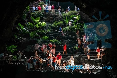 Looking For Albino Crabs At Jameos Del Agua Grotto Lanzarote Stock Photo