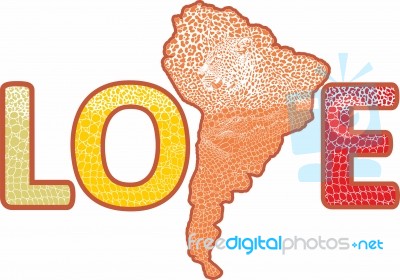 Love South America Of Map Colored Background With Jaguar And Crocodile Stock Image