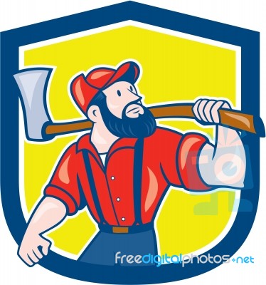 Lumberjack Holding Axe Shield Cartoon Stock Image