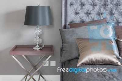 Luxury Bedroom With Classic Black Lamp Stock Photo