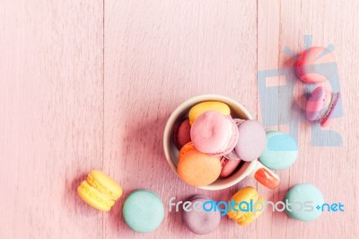 Macarons On Wood Table, Vintage Style Stock Photo