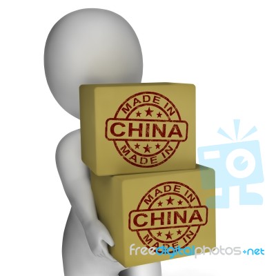 Made In China Stamp On Boxes Shows Chinese Products Stock Image