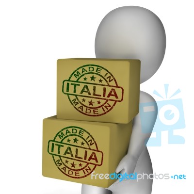 Made In Italia Stamp On Boxes Shows Italian Products Stock Image