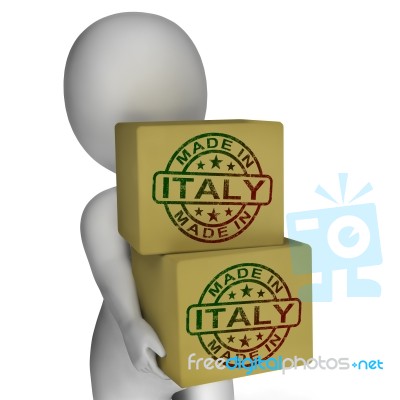 Made In Italy Stamp On Boxes Shows Italian Products Stock Image