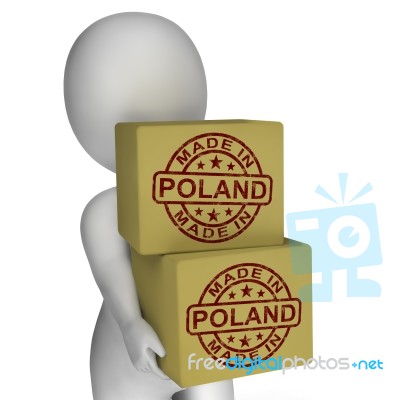 Made In Poland Stamp On Boxes Shows Polish Products Stock Image