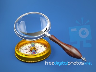 Magnifying Glass Investigate Golden Compass Stock Image