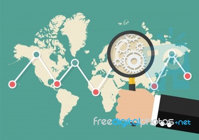 Magnifying Glass Scan Stock Market Graph With World Map Stock Image