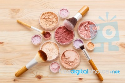 Makeup Powder And Brushes Flat Lay Stock Photo