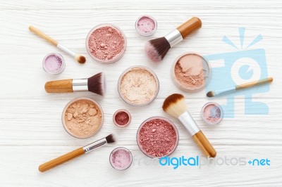 Makeup Powder Products With Brushes Flat Lay Stock Photo