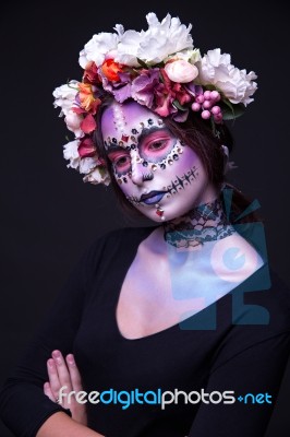Makeup With Rhinestones And Wreath Of Flowers Halloween Theme Stock Photo