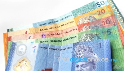 Malaysian Ringgit Currency On White Background Stock Photo
