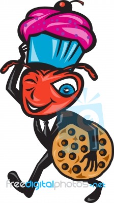Male Ant Carrying Cupcake And Cookie Stock Image