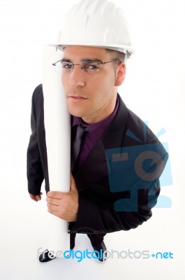 Male Architect Holding Blueprints Stock Photo