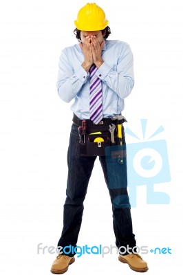Male Architect In A Hard Hat With Toolkit Stock Photo