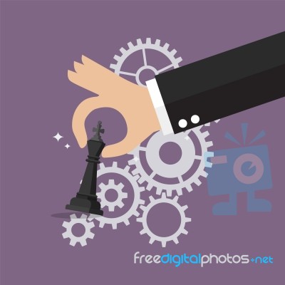 Male Hand Holding Chess Figure With Mechanic Gear Background Stock Image