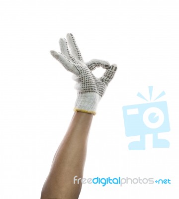 Male Hand Wearing Clothes Hand Glove Sign O.k. Use For Construct… Stock Photo