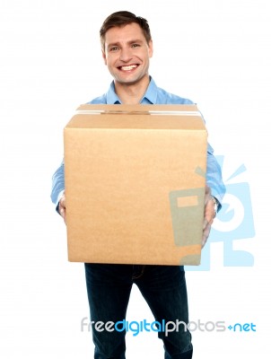 Male Holding Cardboard Box Stock Photo