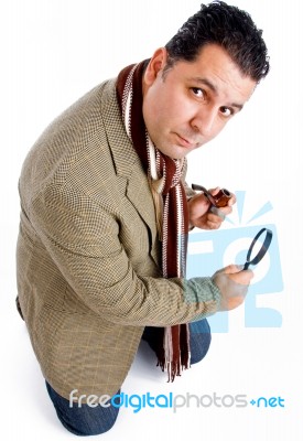 Male Holding Magnifying Glass Stock Photo
