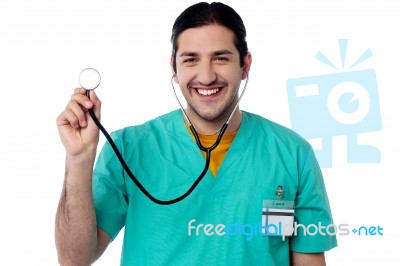 Male Physician Posing With Stethoscope Stock Photo