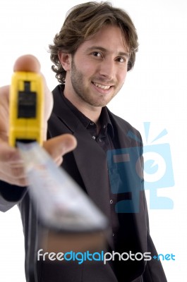 Male Showing Measuring Tape Stock Photo
