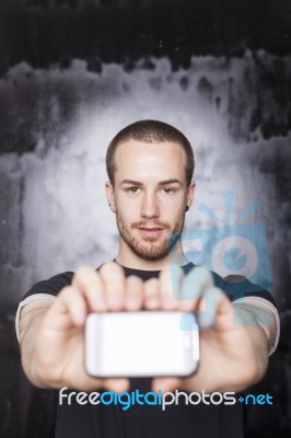 Male Showing Smartphone Stock Photo