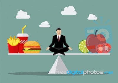 Man Balancing Between Junk Food And Healthy Food Stock Image