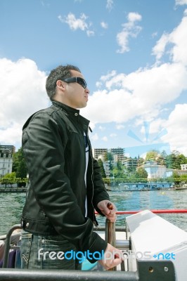 Man Boating In Lugano Lake Stock Photo