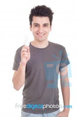Man Holding Lightbulb Stock Photo