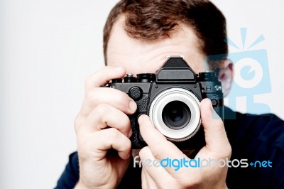 Man Holding Vintage Camera, Photographer Stock Photo